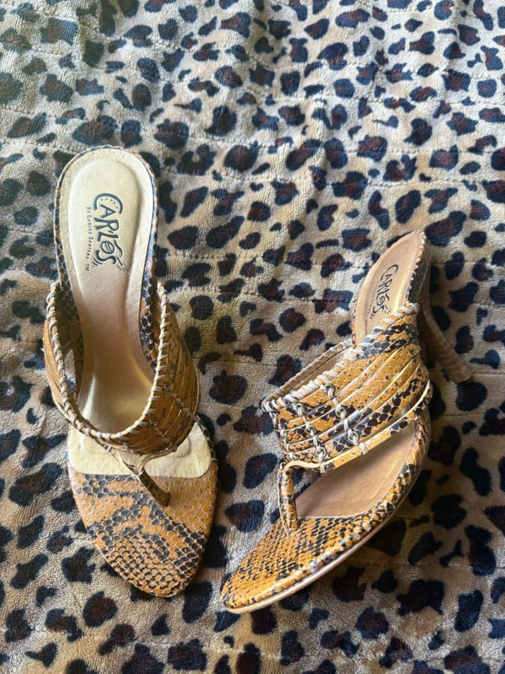 Women's Tan Snakeskin Thong Mules